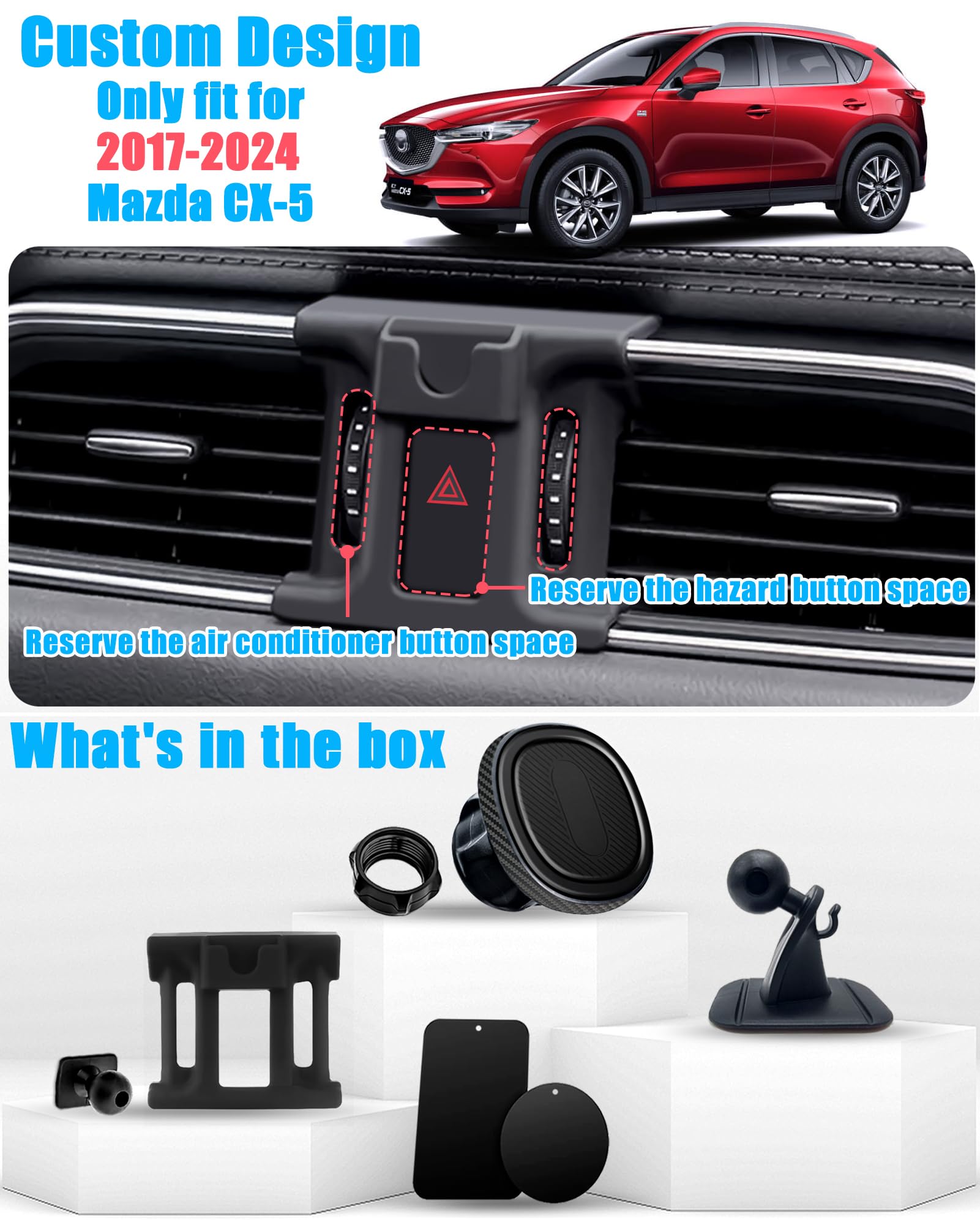 Mengfly Car Phone Holder, Magnetic Air Vent Mount for Mazda CX-5 (2017-2024), Compatible with iPhone & Samsung, Black